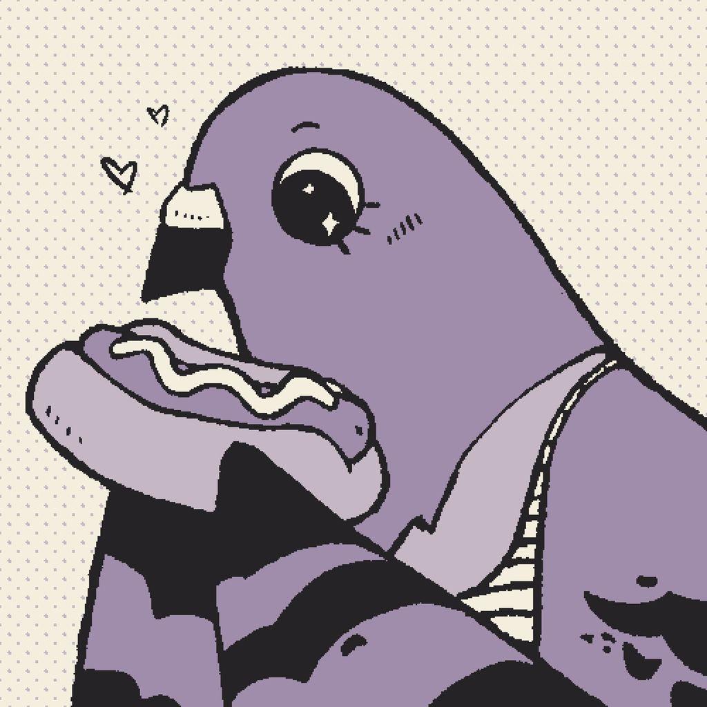 An anthro pigeon holding a hot dog, looking down on it, with a excited twinkle in their eyes and hearts fluttering around them.
