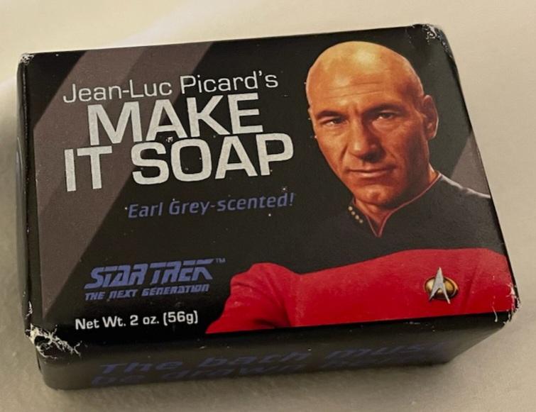 Jean-Luc Picard's Make It Soap box  "Earl Gray scented. Star Trek the Next Generation shows a photo of Captain Picard as played by Patrick Stewart in his Star Trek the Next Generation uniform