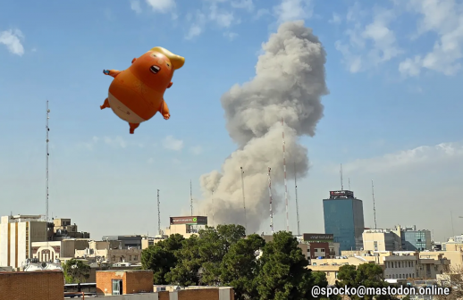 Trump baby blimp floating in front of a missile strike