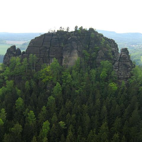 Eine mächtige, dunkle Felsformation mit klar sichtbaren Rissen und senkrechten Strukturen ragt aus einem dichten Mischwald empor. Der obere Bereich des Felsens ist von vereinzelten Bäumen bewachsen, die sich in kleinen Spalten festgesetzt haben. Die umliegenden Wälder bestehen aus einer Mischung aus hellgrünen Laubbäumen und dunklen Nadelbäumen. Im Hintergrund sind sanfte Hügel, Felder und vereinzelte Gebäude in der Ferne zu erkennen, unter einem hellen, wolkenverhangenen Himmel.