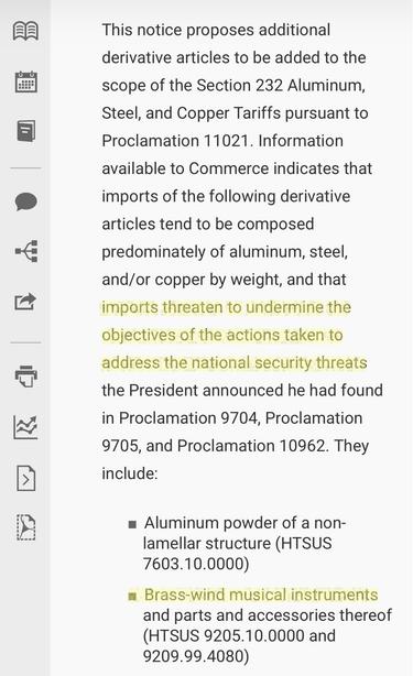 screenshot of the Federal Register highlighting how “imports threaten…national security” include “brass-wind musical instruments.”

https://www.federalregister.gov/documents/2026/08/06/2026-15961/request-for-public-comments-on-the-proposed-implementation-of-duties-on-additional-aluminum-steel
