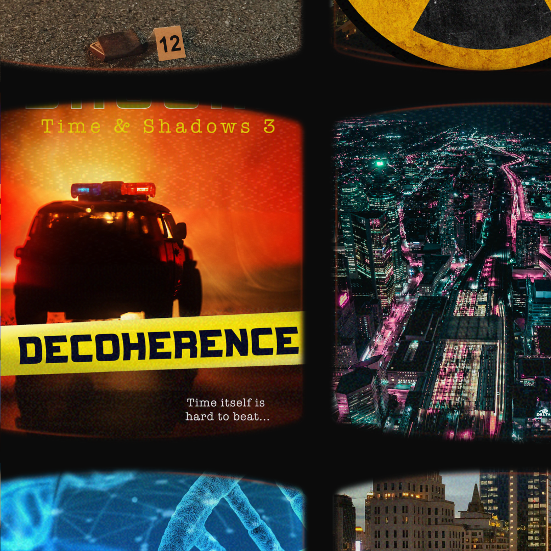 The cover of DECOHERENCE with the tag line "Time itself is hard to beat" with a black background and pictures of cities, DNA, and crime scenes almost framing it. 