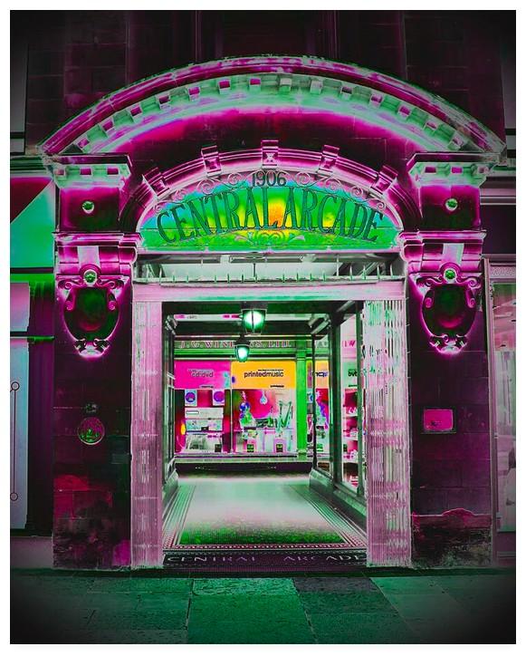Colour adjusted portrait photograph showing an entrance to the Central Arcade in Newcastle upon Tyne, England.