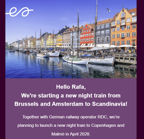 We're starting a new night train from
Brussels and Amsterdam to Scandinavia!
Together with German railway operator RDC, we're
planning to launch a new night train to Copenhagen and
Malmo in April 2028.
