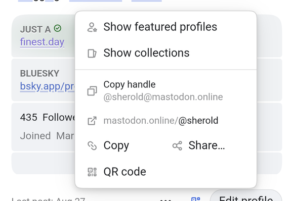 A screenshot of a mobile user profile menu interface (likely Mastodon). An open pop-up context menu in the foreground displays several options with accompanying icons: "Show featured profiles", "Show collections", "Copy handle (@sherold@mastodon.online)", "mastodon.online/@sherold", "Copy", "Share...", and "QR code". In the blurred background, user profile metadata cards are visible, including links to "finest.day" and "bsky.app", along with a follower count of 435.