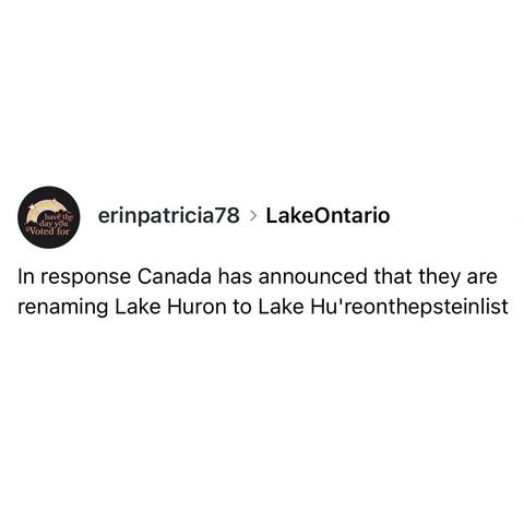 screenshot of a post by @erinpatricia78 > [tagged] LakeOntario 

In response Canada has announced that they are renaming Lake Huron to Lake Hu'reonthepsteinlist
