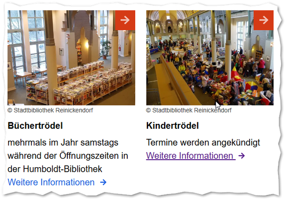 Screenshot einer Bibliotheks-Webseite zum Thema Trödel. Links ist ein Büchertrödel mit langen Tischen voller Bücher in einem hellen Bibliotheksraum zu sehen. Rechts zeigt ein Kindertrödel zahlreiche Menschen, Verkaufsstände und bunte Gegenstände in einer großen Halle. Darunter stehen Hinweise zu Terminen und weiterführenden Informationen.