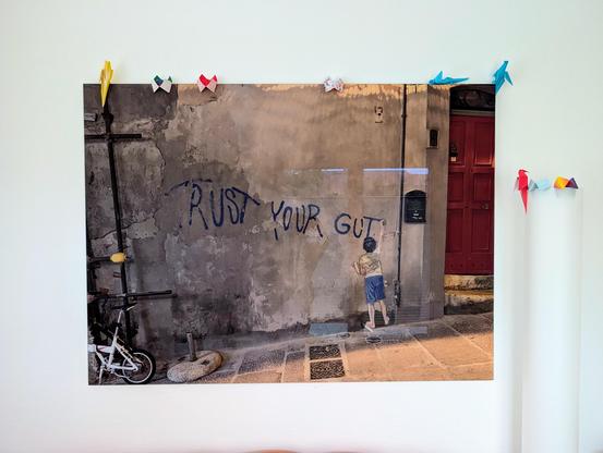 Eine an einer hellen Wand befestigte Fotoleinwand oder Acrylglas-Druck. Das Motiv zeigt eine raue, verwitterte Hausfassade in einer gepflasterten Gasse. Mit blauer Farbe steht in großen Druckbuchstaben „TRUST YOUR GUT“ an der Mauer. Rechts neben dem Text ist ein barfüßiger Junge in blauen Shorts und T-Shirt zu sehen, der scheinbar gerade an die Wand malt. Links im Bild lehnt ein kleines weißes Klapprad an einem Metallgerüst, rechts führt eine rote Holztür ins Gebäude. Auf der Oberkante des Bild…