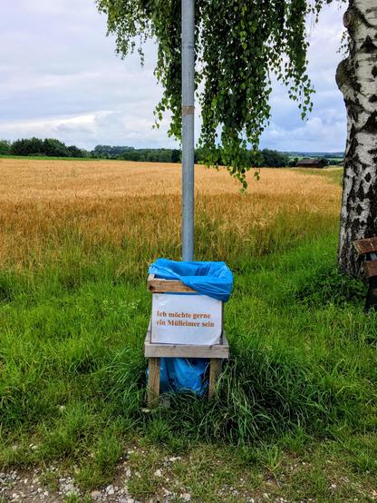 Selbstgebauter Mülleimer aus Holzlatten mit blauem Müllbeutel an einem Metallpfosten am Feldrand. Darauf ein Schild mit der Aufschrift: „Ich möchte gerne ein Mülleimer sein“.