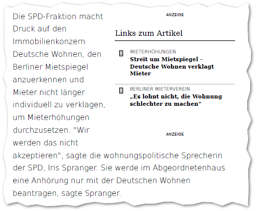 Die SPD-Fraktion macht
Druck auf den
Immobilienkonzern
Deutsche Wohnen, den
Berliner Mietspiegel
anzuerkennen und
Mieter nicht länger
individuell zu verklagen,
um Mieterhöhungen
durchzusetzen. "Wir
werden das nicht
akzeptieren", sagte die wohnungspolitische Sprecherin
der SPD, Iris Spranger. Sie werde im Abgeordnetenhaus
eine Anhörung nur mit der Deutschen Wohnen
beantragen, sagte Spranger.