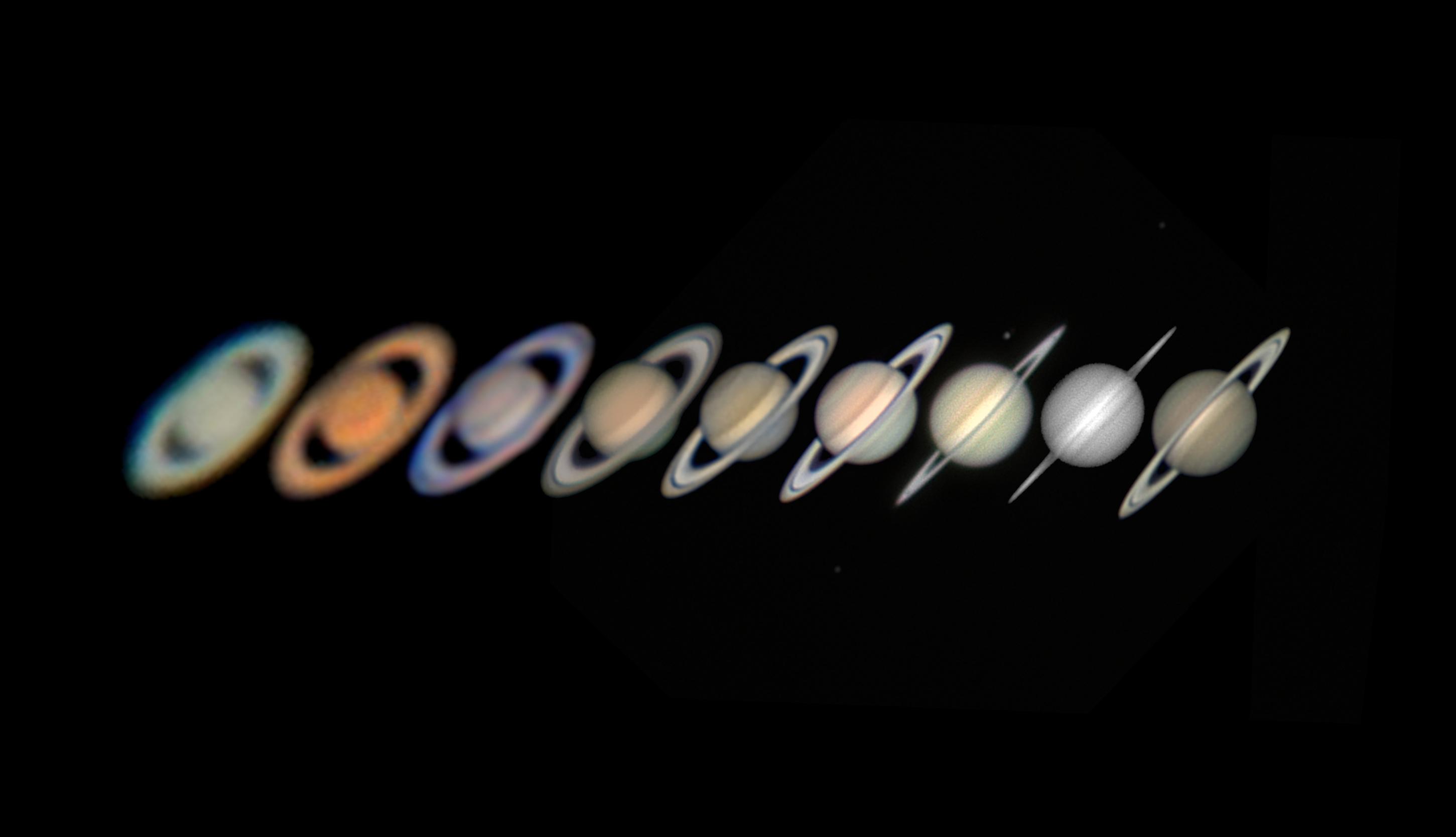 9 telescopic closeups of Saturn presenting in a horizontal row, oldest captures on the left with poorer technique and equipment going through to run of clearer images. The ring tilt can be seen going from open to closed, and now opening in the other direction.
