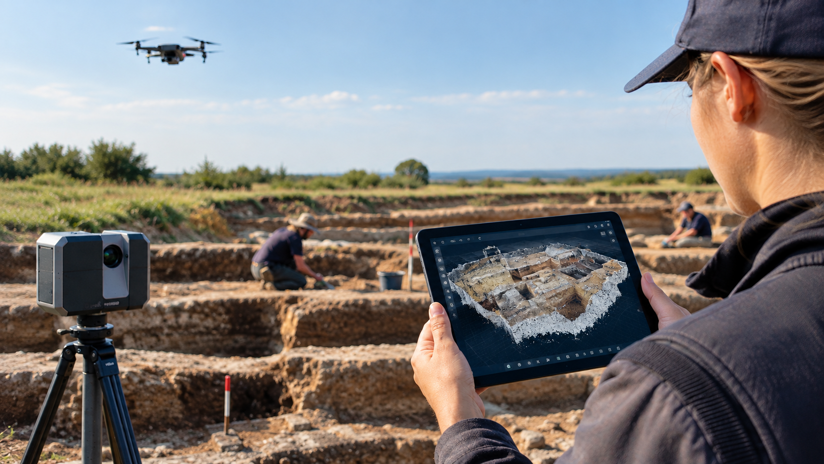 Archaeologists document an excavation using digital technologies. A researcher examines a 3D model of the excavation on a tablet, while a terrestrial laser scanner and a drone are used to capture the archaeological site. Archaeologists document an excavation using digital technologies. A researcher examines a 3D model of the excavation on a tablet, while a terrestrial laser scanner and a drone are used to capture the archaeological site.